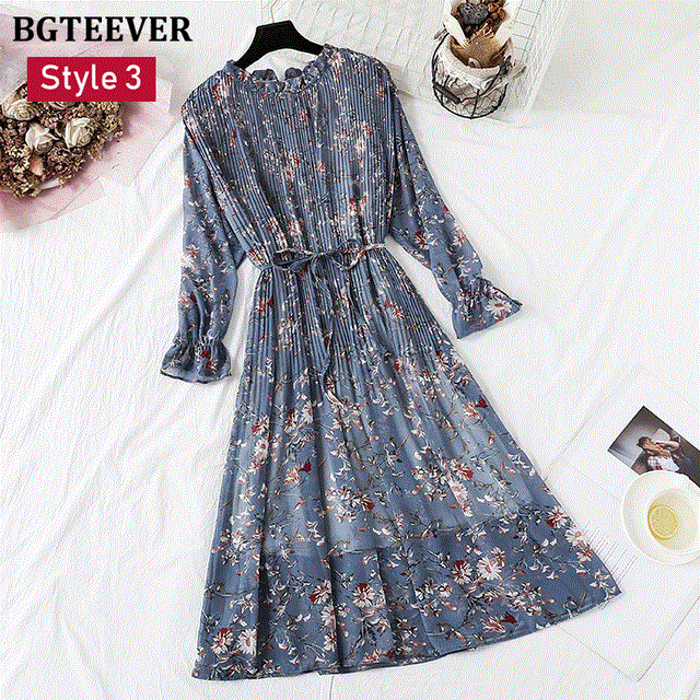 2021 High quality Spring Stand Collar Floral Print Women Dress Lace Up Female Pleated Dress Summer Party