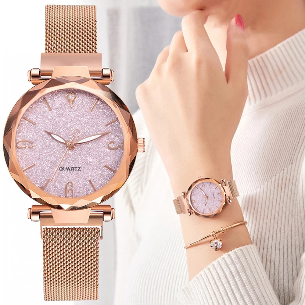 2021 High quality Rose Gold Women Watc Starry Sky Lady Wrist Watch Mesh Female Clock