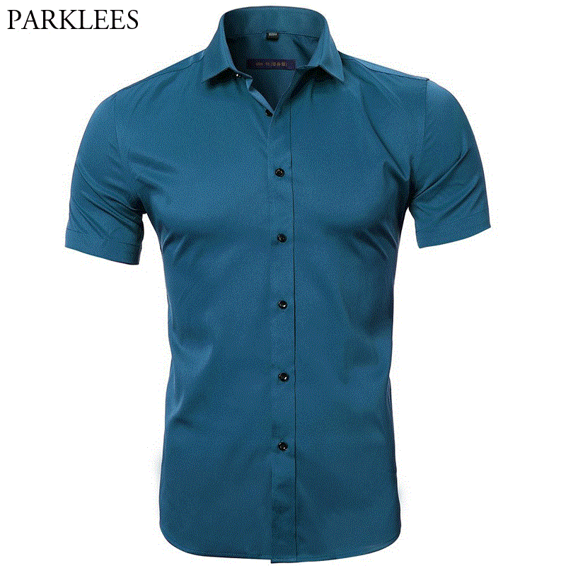 2021 High quality Men's Elastic Bamboo Fiber Dress Shirts Summer New Short Sleeve Shirt Men Business Work Shirt