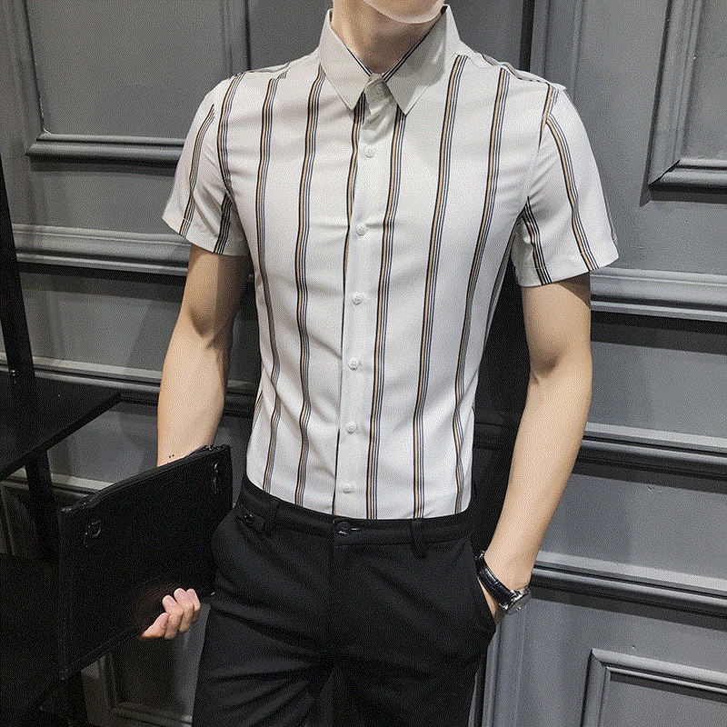2021 High quality Short Sleeve Striped Men's Shirt Black White Summer Slim Fit Clothes Busines Shirt