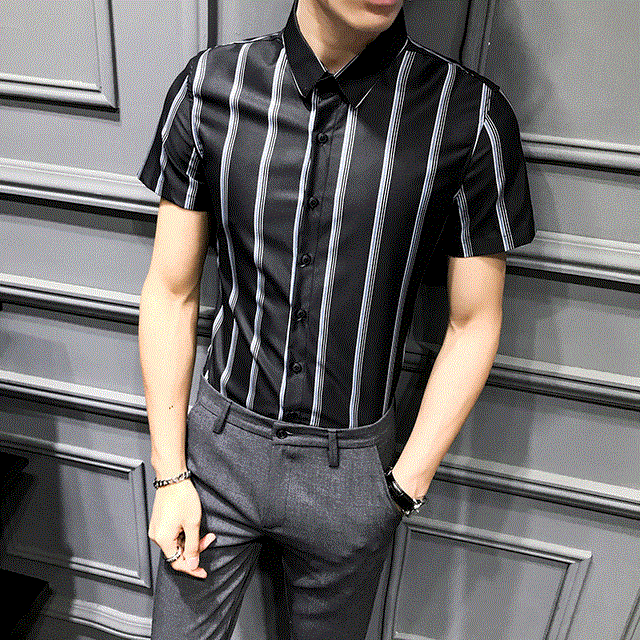 2021 High quality Short Sleeve Striped Men's Shirt Black White Summer Slim Fit Clothes Busines Shirt