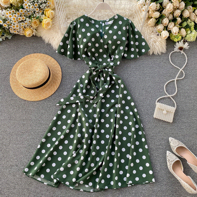 2021 High quality Dot Print Bandage V Neck Summer Midi Long Dress Party Women Elegant Beach A-Line dress