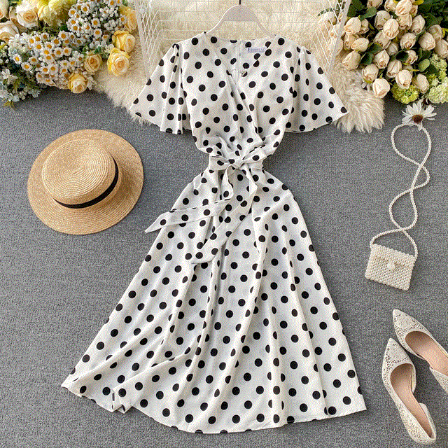 2021 High quality Dot Print Bandage V Neck Summer Midi Long Dress Party Women Elegant Beach A-Line dress
