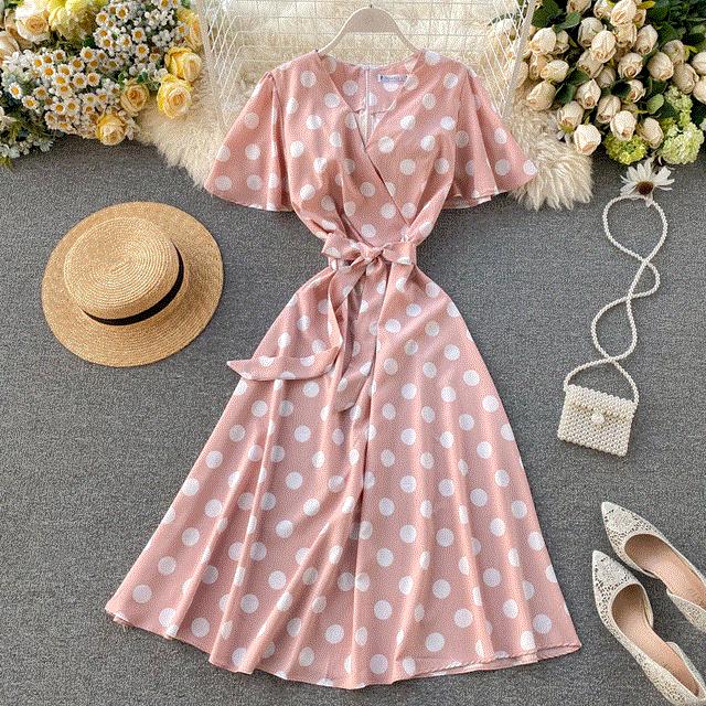 2021 High quality Dot Print Bandage V Neck Summer Midi Long Dress Party Women Elegant Beach A-Line dress
