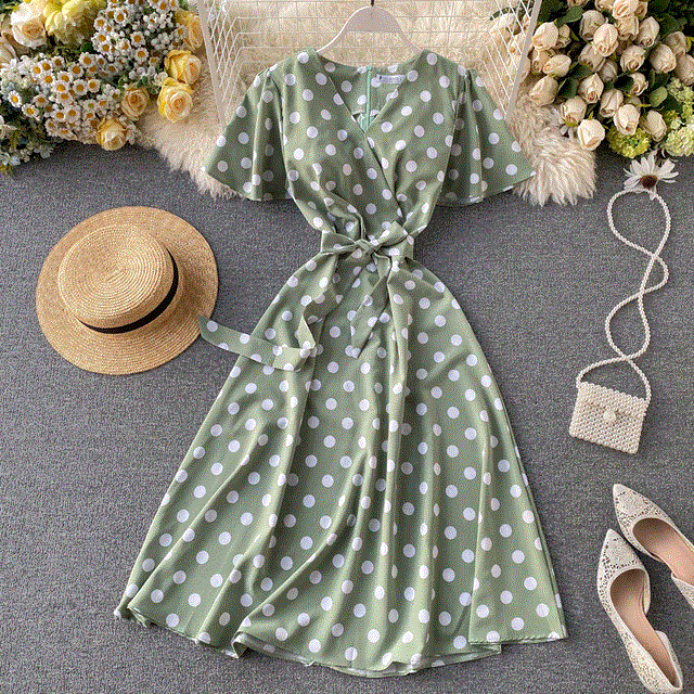 2021 High quality Dot Print Bandage V Neck Summer Midi Long Dress Party Women Elegant Beach A-Line dress