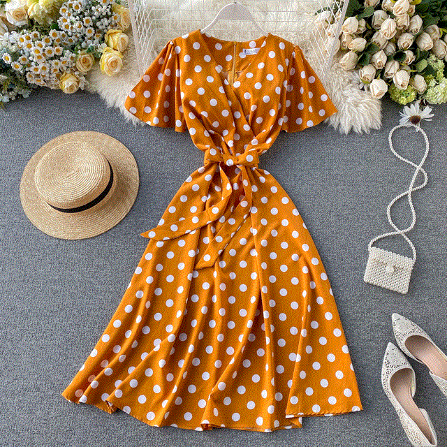 2021 High quality Dot Print Bandage V Neck Summer Midi Long Dress Party Women Elegant Beach A-Line dress
