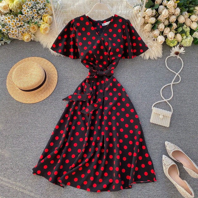 2021 High quality Dot Print Bandage V Neck Summer Midi Long Dress Party Women Elegant Beach A-Line dress