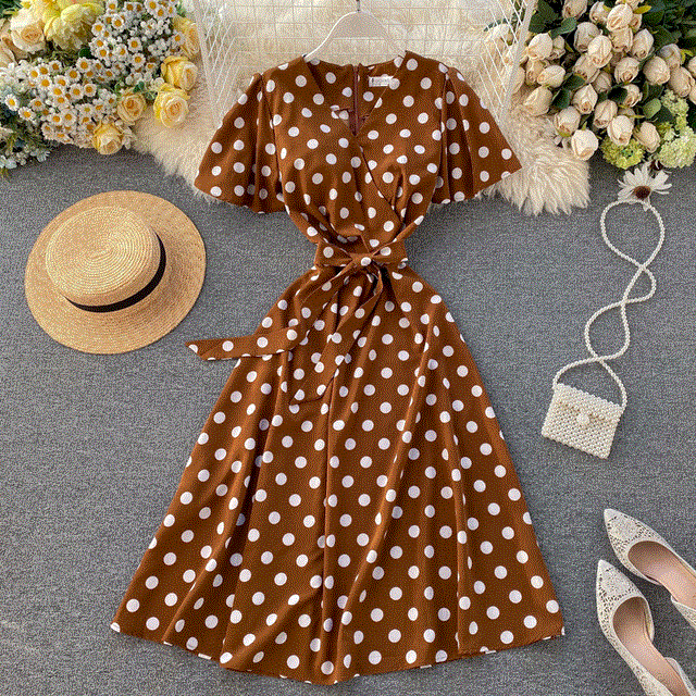 2021 High quality Dot Print Bandage V Neck Summer Midi Long Dress Party Women Elegant Beach A-Line dress