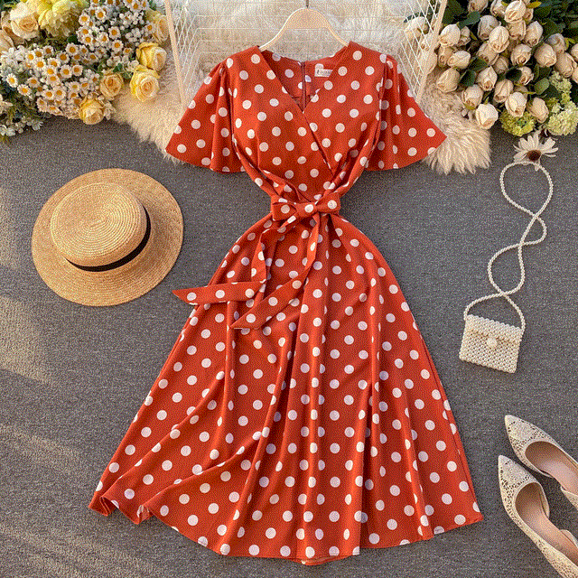 2021 High quality Dot Print Bandage V Neck Summer Midi Long Dress Party Women Elegant Beach A-Line dress
