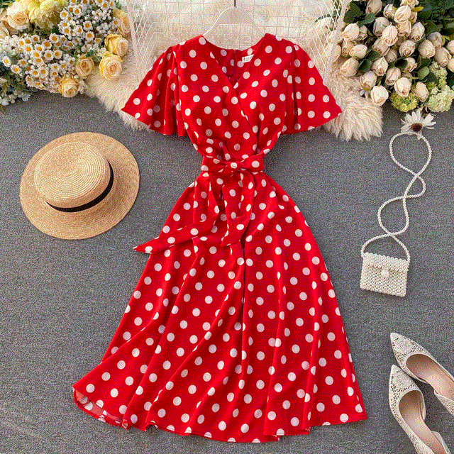 2021 High quality Dot Print Bandage V Neck Summer Midi Long Dress Party Women Elegant Beach A-Line dress