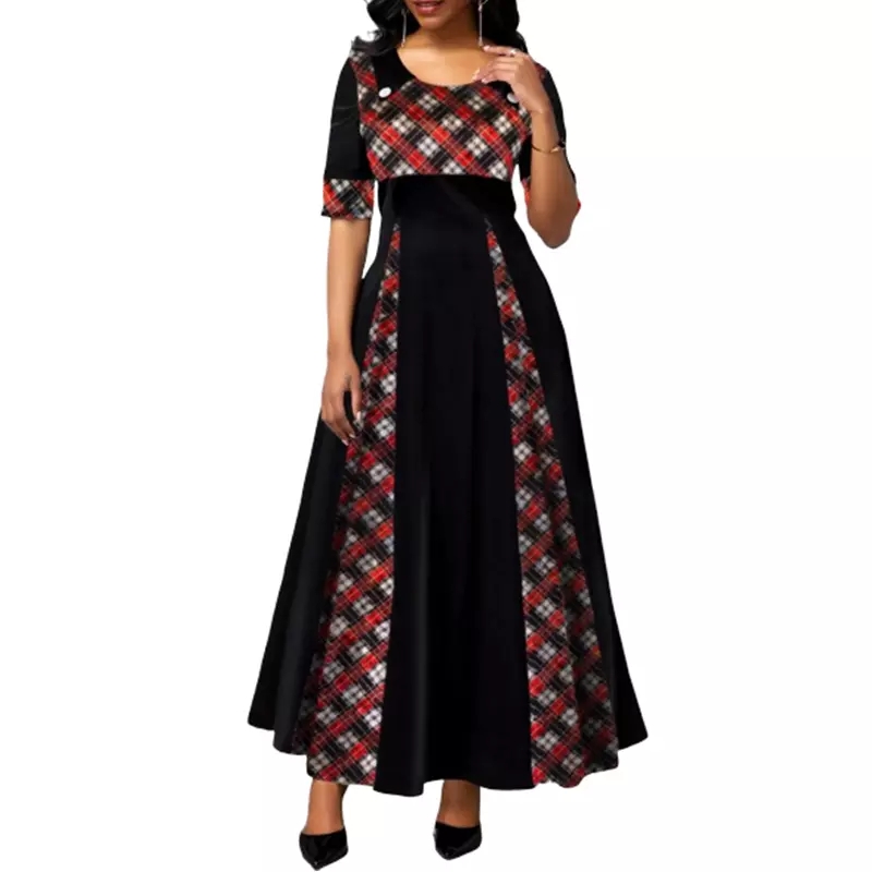 2021 High quality Plus Size Women Plaid Print Maxi Dress Half Sleeve New Vintage Party Dress High Waist S-5XL