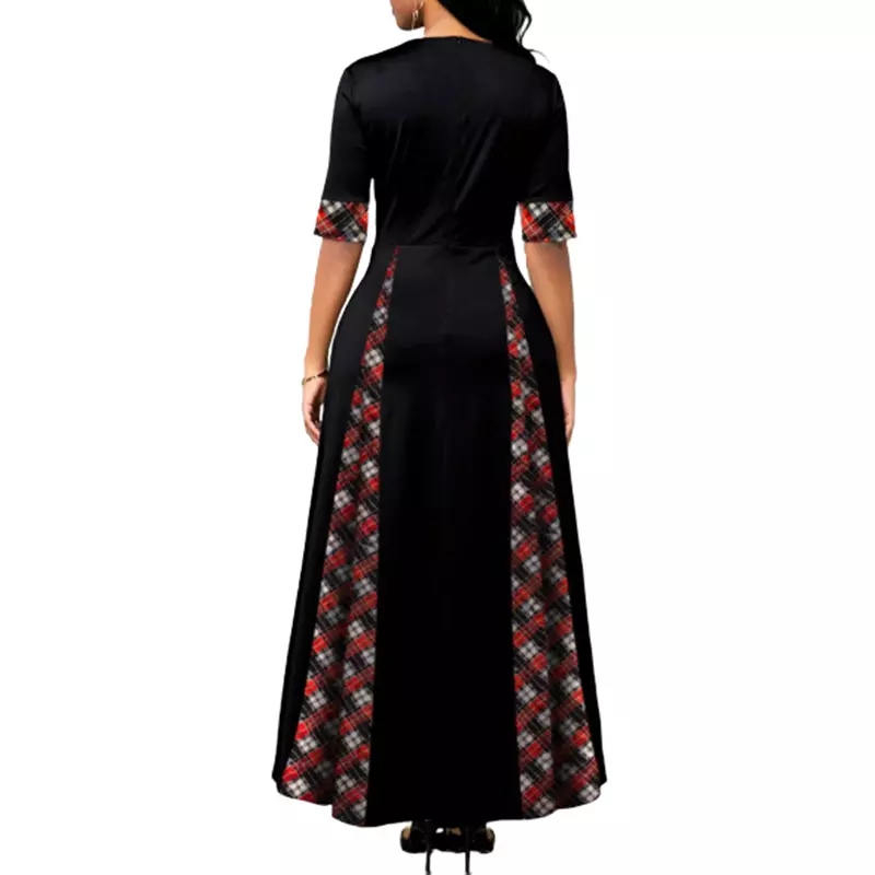2021 High quality Plus Size Women Plaid Print Maxi Dress Half Sleeve New Vintage Party Dress High Waist S-5XL