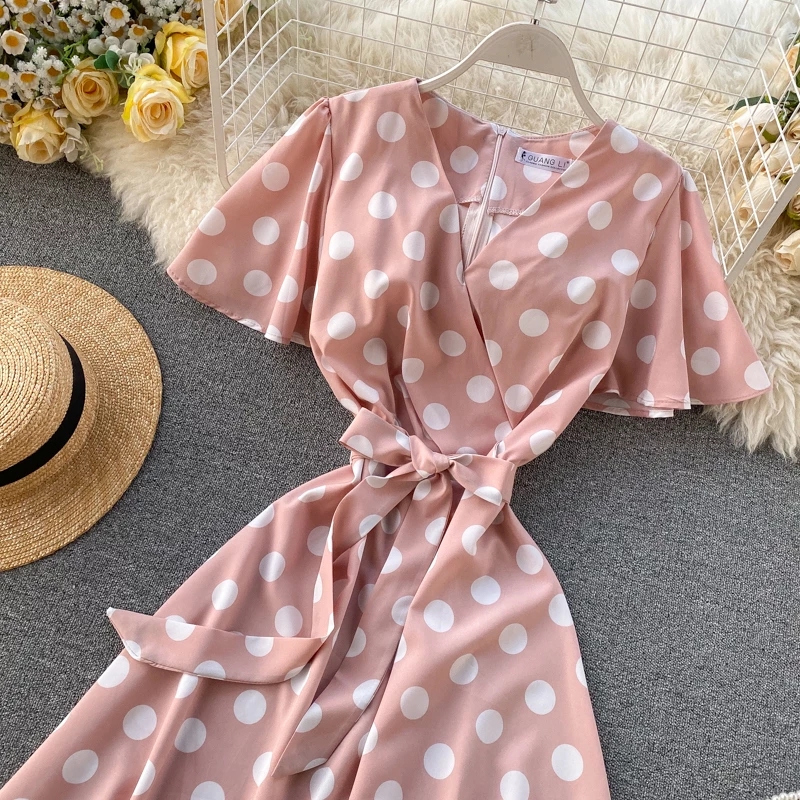 2021 High quality Dot Print Bandage V Neck Summer Midi Long Dress Party Women Elegant Beach A-Line dress
