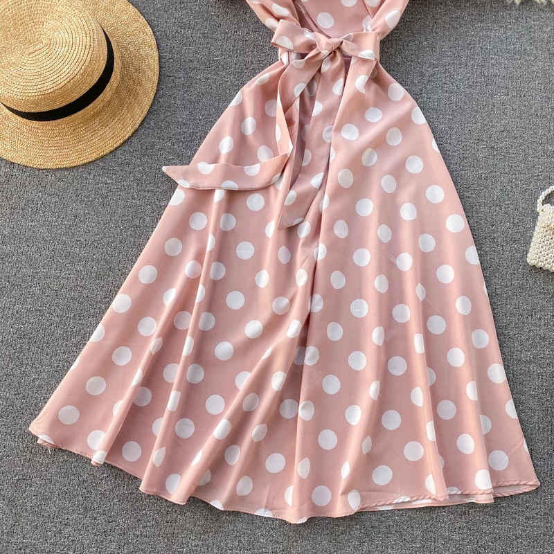 2021 High quality Dot Print Bandage V Neck Summer Midi Long Dress Party Women Elegant Beach A-Line dress