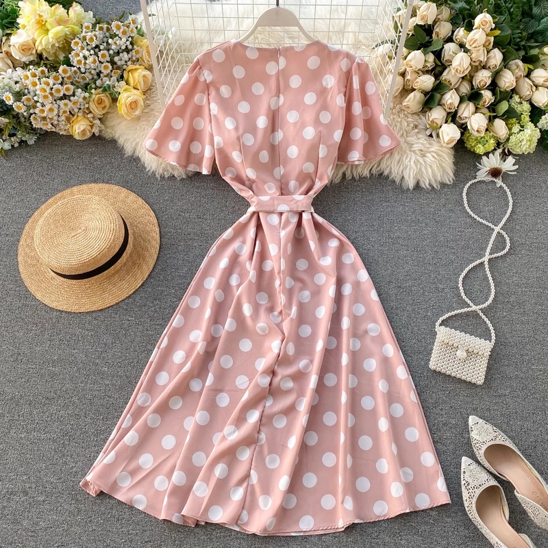 2021 High quality Dot Print Bandage V Neck Summer Midi Long Dress Party Women Elegant Beach A-Line dress