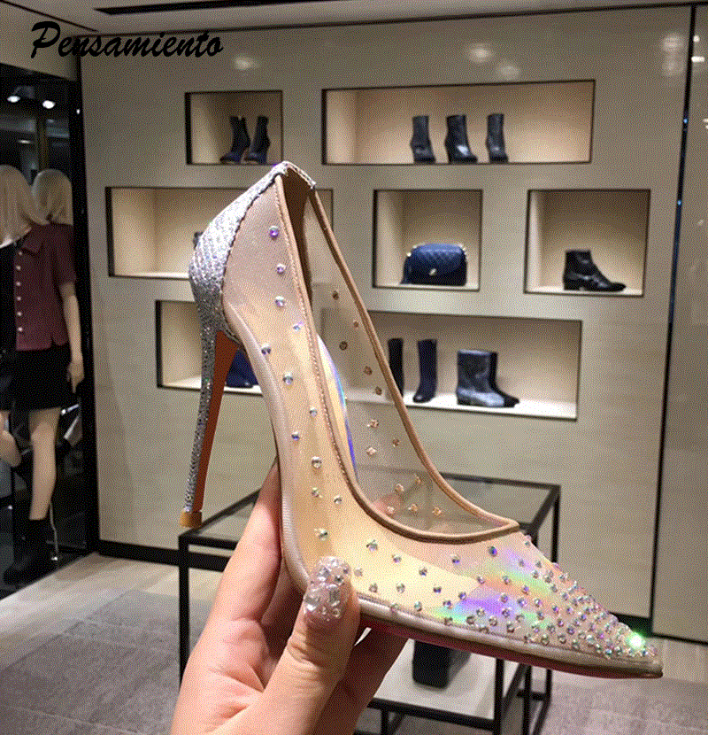 2021 High quality Fashion Glitter sequined Women Pumps Sexy see through Lace Party Shoes Crystal High heels
