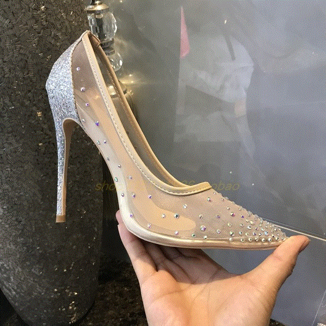 2021 High quality Fashion Glitter sequined Women Pumps Sexy see through Lace Party Shoes Crystal High heels