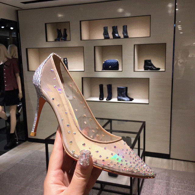 2021 High quality Fashion Glitter sequined Women Pumps Sexy see through Lace Party Shoes Crystal High heels