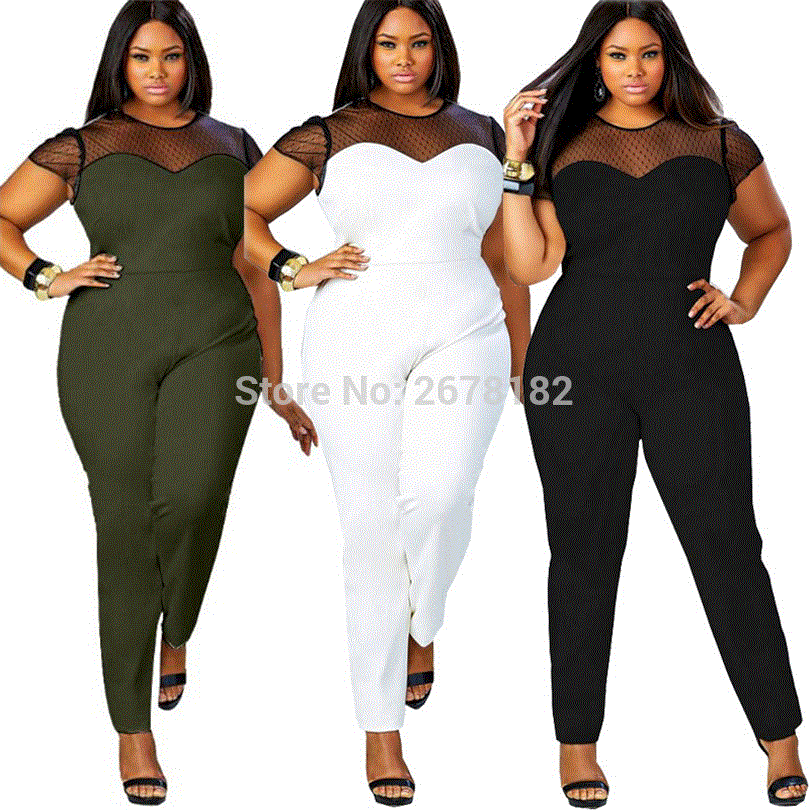 2021 High quality Plus size L-4XL women jumpsuit  short sleeve mesh lace Patchwork rompers large size sexy club party long pant black overalls