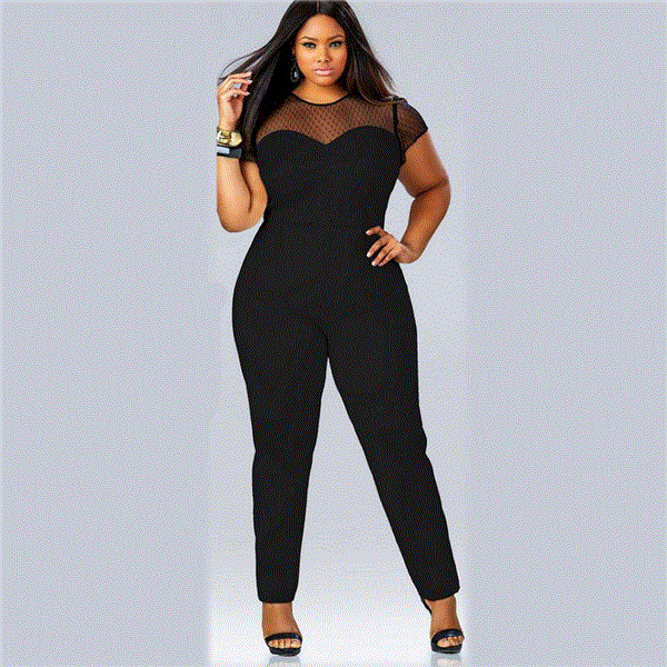 2021 High quality Plus size L-4XL women jumpsuit  short sleeve mesh lace Patchwork rompers large size sexy club party long pant black overalls