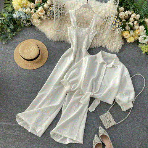 2 Pcs Women Set Slim Waist Pleat Design Wide Leg Jumpsuit + Turn Down Collar Short Sleeve  Suit