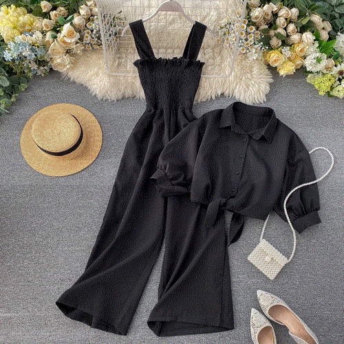 2 Pcs Women Set Slim Waist Pleat Design Wide Leg Jumpsuit + Turn Down Collar Short Sleeve  Suit