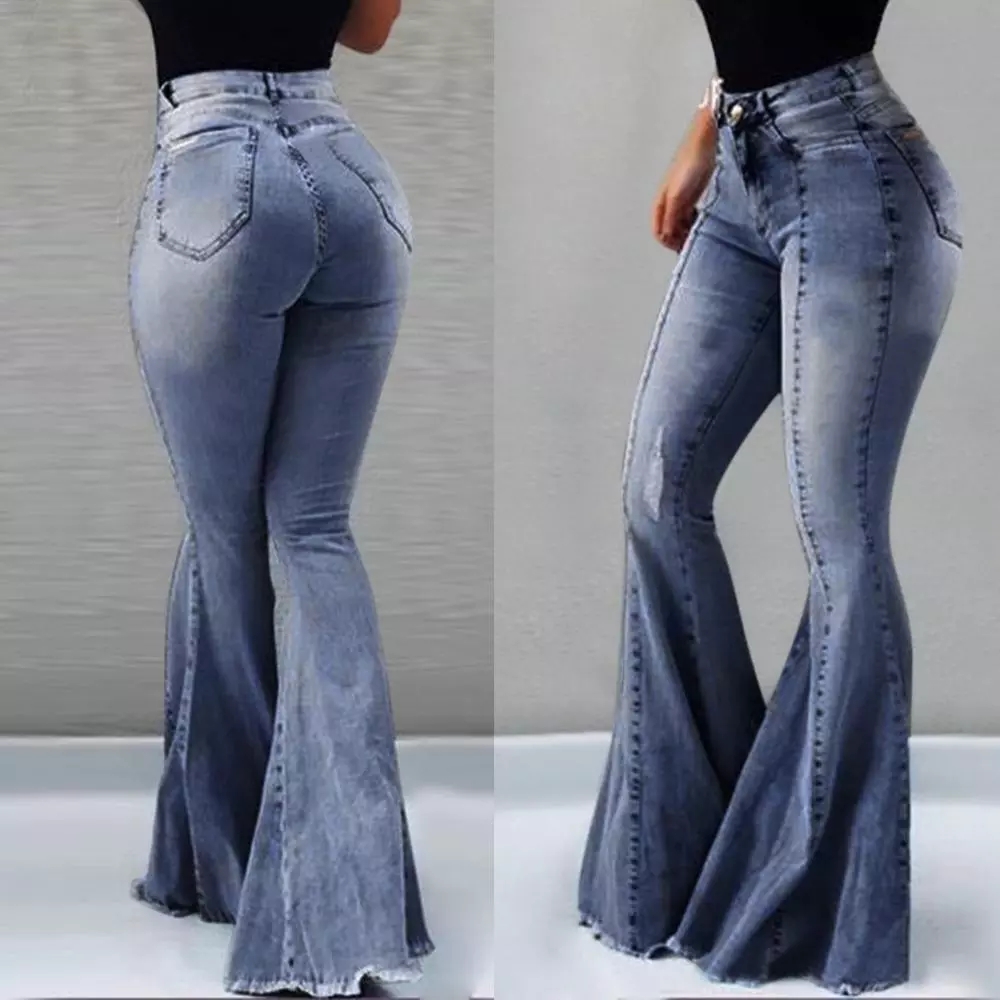 2021 High quality Women's Jeans Casual Slim Stretchy Denim Waist Jeans Oversized Long Flare Pants Light Blue Trousers