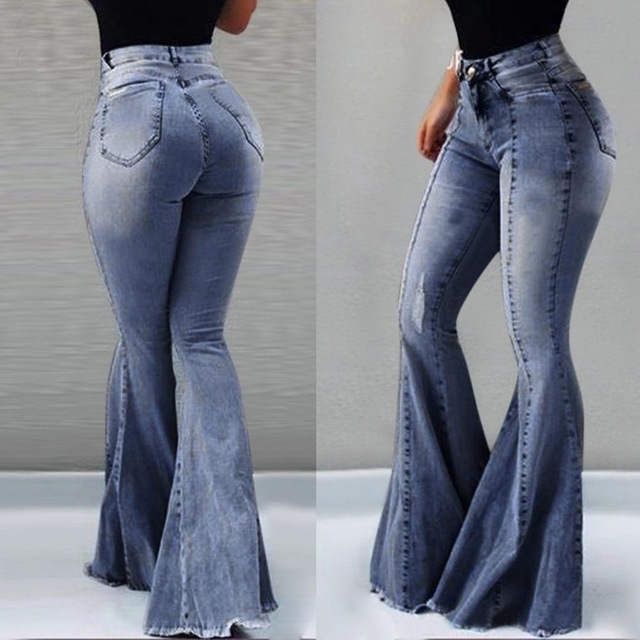2021 High quality Women's Jeans Casual Slim Stretchy Denim Waist Jeans Oversized Long Flare Pants Light Blue Trousers
