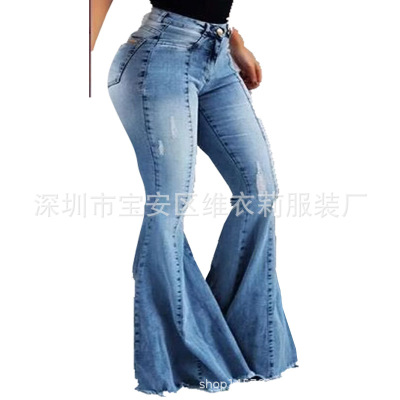 2021 High quality Women's Jeans Casual Slim Stretchy Denim Waist Jeans Oversized Long Flare Pants Light Blue Trousers