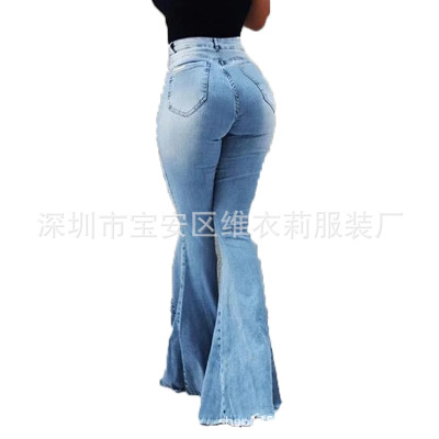 2021 High quality Women's Jeans Casual Slim Stretchy Denim Waist Jeans Oversized Long Flare Pants Light Blue Trousers