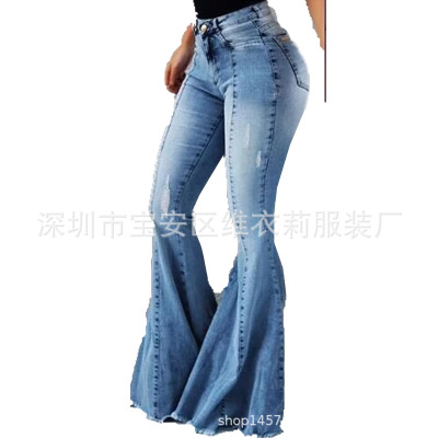 2021 High quality Women's Jeans Casual Slim Stretchy Denim Waist Jeans Oversized Long Flare Pants Light Blue Trousers
