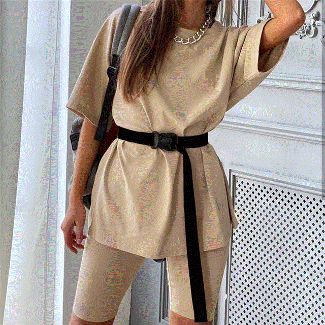 2021 High quality Suit With Belt Solid O-Neck Home Loose Casual Fashion Leisure Bicycles Shorts Set