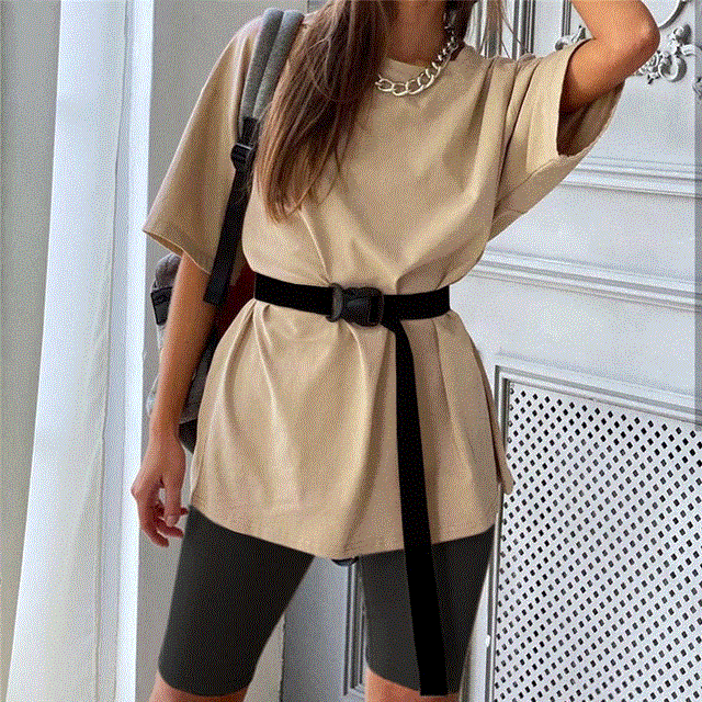 2021 High quality Suit With Belt Solid O-Neck Home Loose Casual Fashion Leisure Bicycles Shorts Set