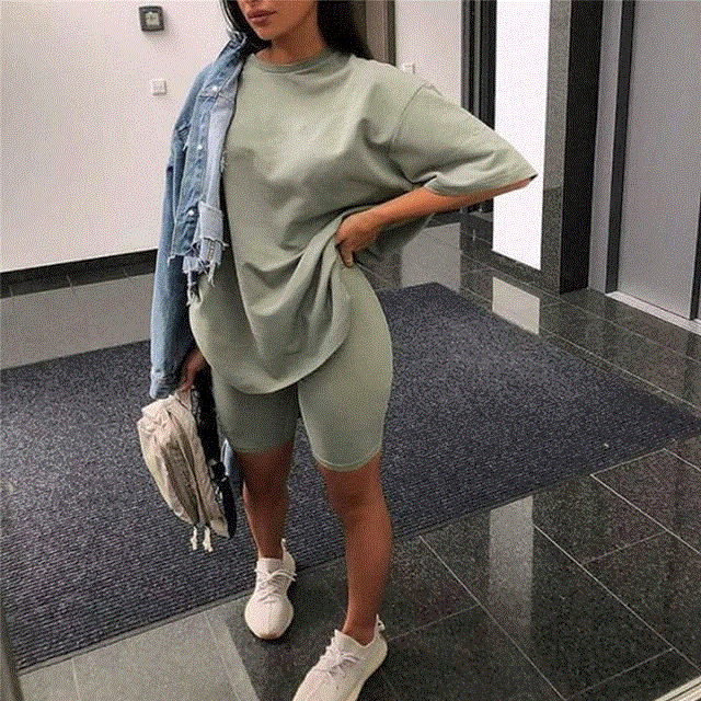 2021 High quality Suit With Belt Solid O-Neck Home Loose Casual Fashion Leisure Bicycles Shorts Set