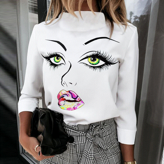2021 High quality Print blouse shirts Casual Stand Neck Pullovers tops Ladies Fashion cute Eye Short Sleeve Blusa