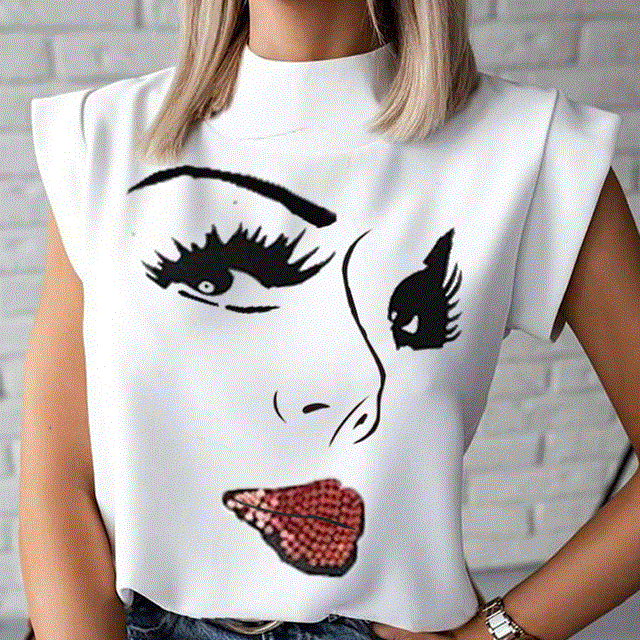 2021 High quality Print blouse shirts Casual Stand Neck Pullovers tops Ladies Fashion cute Eye Short Sleeve Blusa