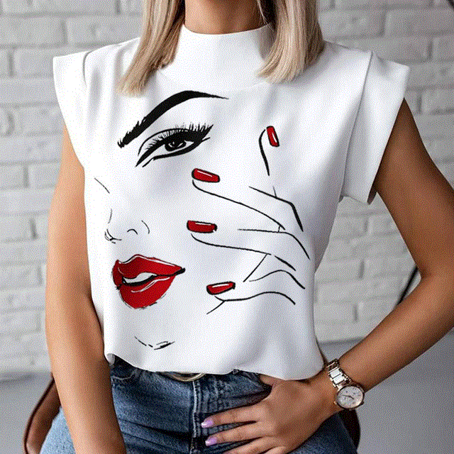 2021 High quality Print blouse shirts Casual Stand Neck Pullovers tops Ladies Fashion cute Eye Short Sleeve Blusa