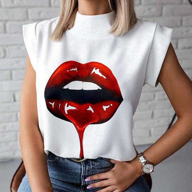 2021 High quality Print blouse shirts Casual Stand Neck Pullovers tops Ladies Fashion cute Eye Short Sleeve Blusa