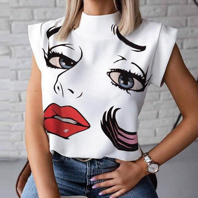 2021 High quality Print blouse shirts Casual Stand Neck Pullovers tops Ladies Fashion cute Eye Short Sleeve Blusa
