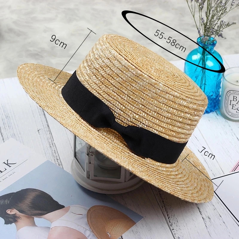 2021 High quality New Summer Women's Female Casual Panama Hat Lady Classic Flat Bowknot Straw Sun Hat Women Fedora