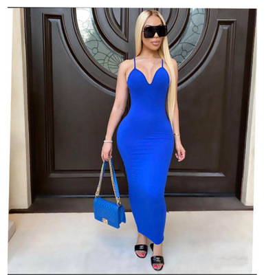 2021 High quality Women Summer trap V-neck Sleeveless Bodycon Midi Pencil Maxi Dress Sexy Party Club Long Dresses