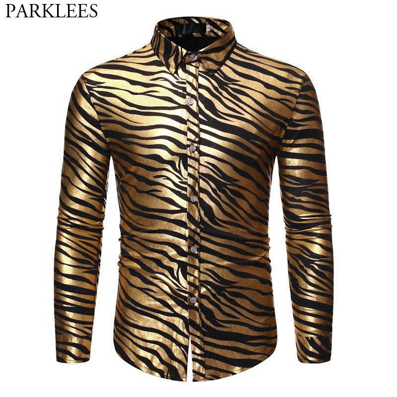 2021 High quality Gold Zebra Print Disco Shirt  Brand New Slim Fit Long Sleeve Mens Dress Shirts