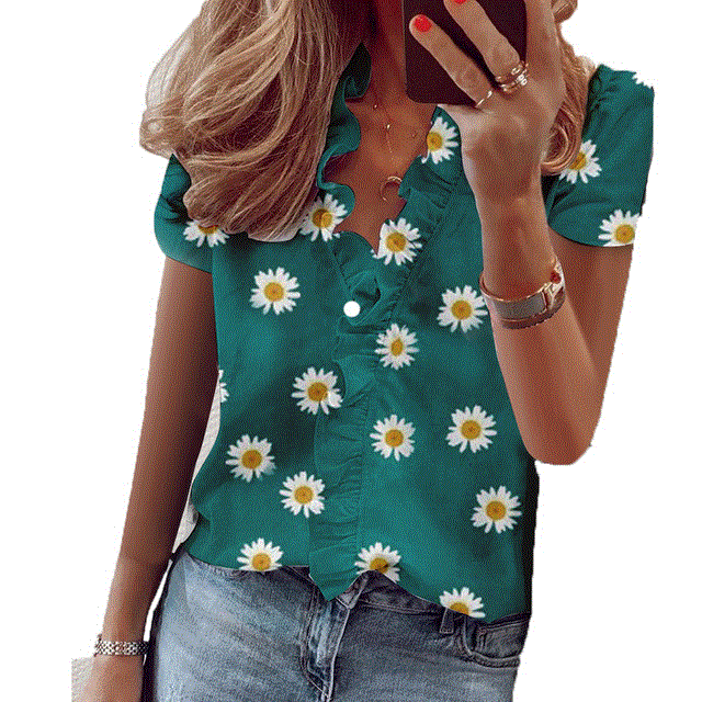 2021 High quality New Summer Short Sleeve Office Blouse Printed Short Sleeve V Neck Shirt Women Blouse Tops Big size