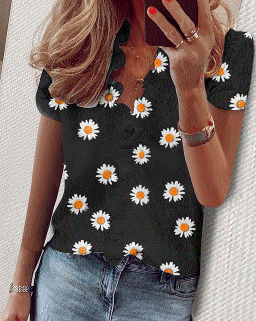 2021 High quality New Summer Short Sleeve Office Blouse Printed Short Sleeve V Neck Shirt Women Blouse Tops Big size