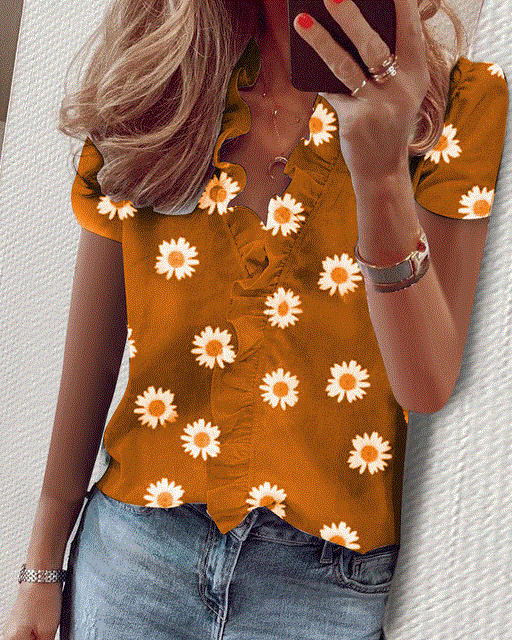 2021 High quality New Summer Short Sleeve Office Blouse Printed Short Sleeve V Neck Shirt Women Blouse Tops Big size