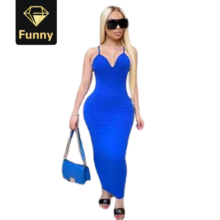 2021 High quality Women Summer trap V-neck Sleeveless Bodycon Midi Pencil Maxi Dress Sexy Party Club Long Dresses