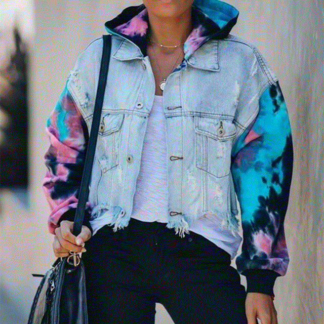 2021 High quality Women Autumn Tie Dye Hole Denim Jacket Short Coat Casual Oversized Loose Overcoat Hooded Jean Coat