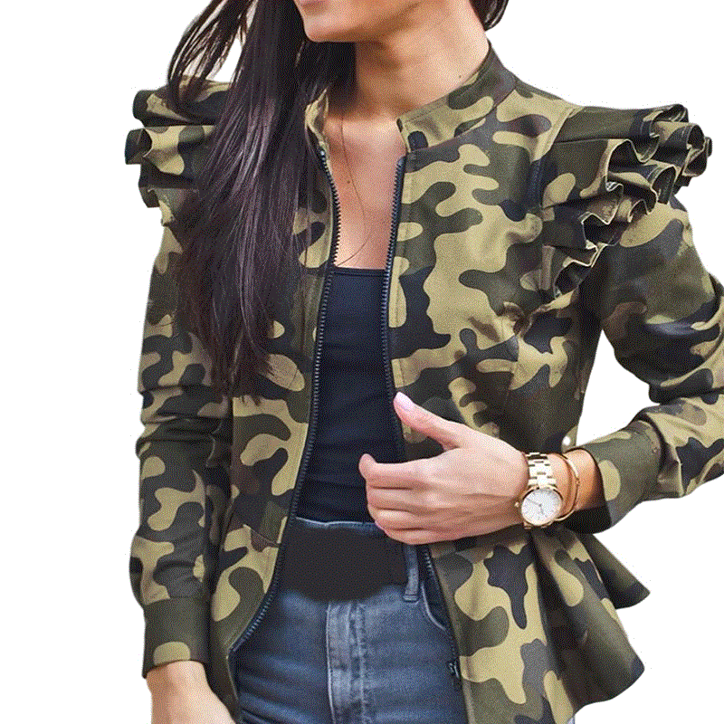 2021 High quality Autumn Women Fashion Camouflage Ruffles Coat Jacket Long Sleeve Stand Collar Short Coat Female