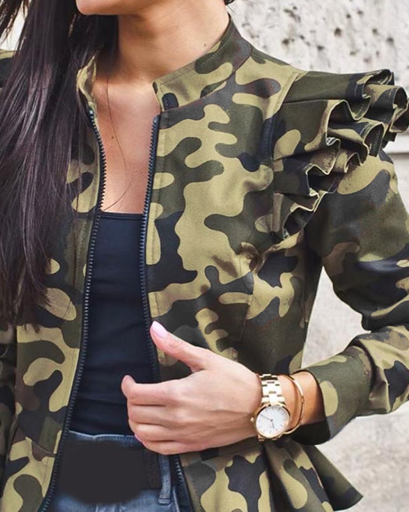 2021 High quality Autumn Women Fashion Camouflage Ruffles Coat Jacket Long Sleeve Stand Collar Short Coat Female