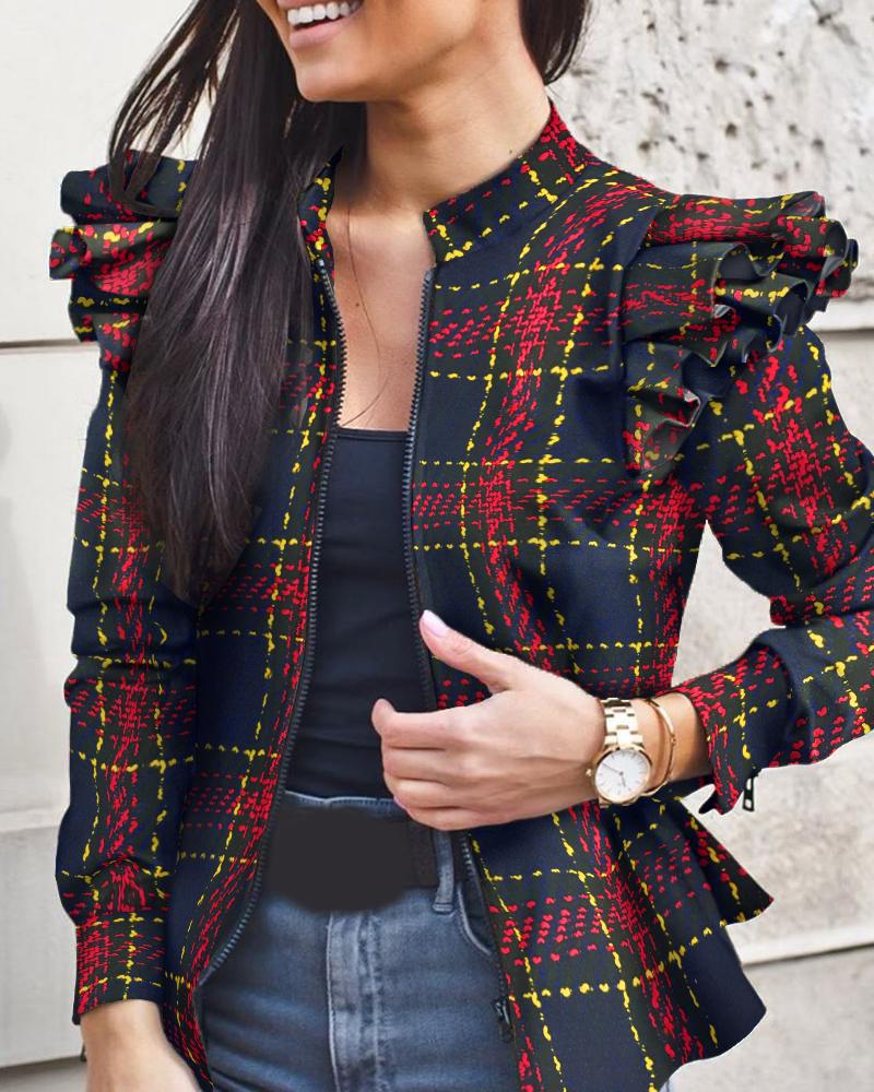 2021 High quality Autumn Women Fashion Camouflage Ruffles Coat Jacket Long Sleeve Stand Collar Short Coat Female